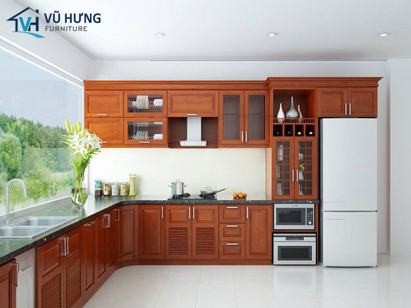 Tủ bếp kết hợp tủ rượu bằng chất liệu gỗ tự nhiên với thiết kế sang trọng