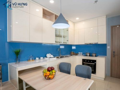 Mẫu tủ bếp kính màu xanh dương - Vẻ đẹp nổi bật của không gian