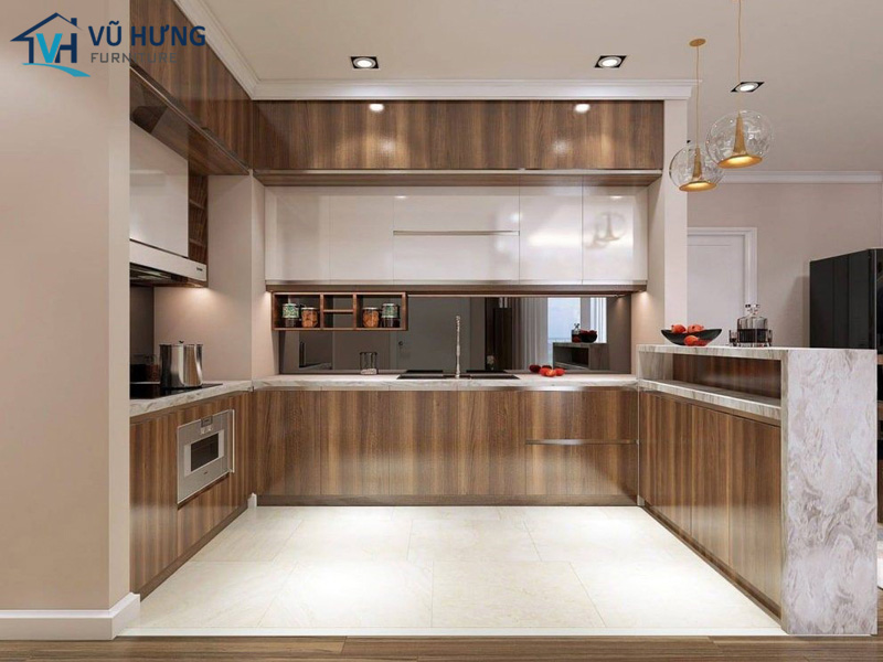 Tủ bếp Acrylic vân gỗ tạo nét đẹp sang trọng cho không gian