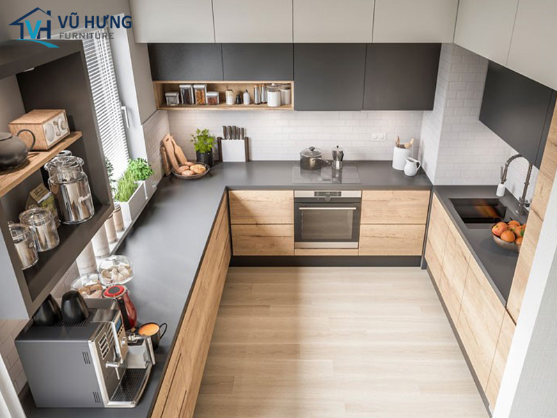 Tủ bếp Melamine hình chữ U có độ bền cao